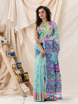 Angoshobha - Traditional Pale Turquoise Soft Dhakai Jamdani Saree with Unstitched Blouse