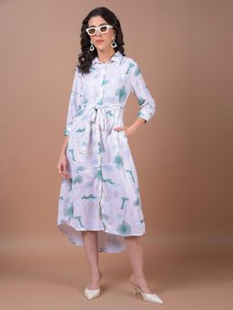 CRIMSOUNE CLUB - Women's White Floral Print Shirt Dress with Belt