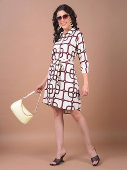 CRIMSOUNE CLUB - Women's White Printed Shirt Dress with Belt