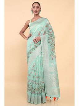 Soch - Women Green Chanderi Floral Saree with Unstitched Blouse
