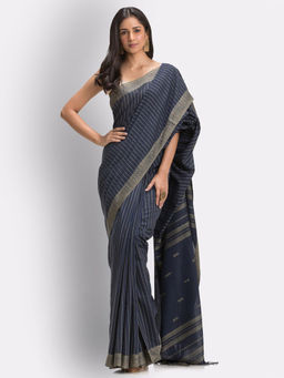 Angoshobha - Navy Blue Tangail Cotton Handloom Saree with Unstitched Blouse