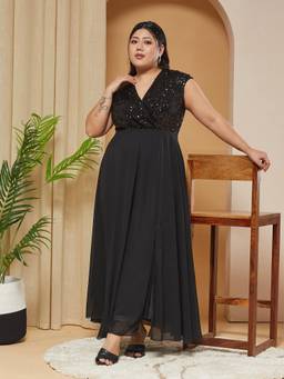 Miss Chase - A+ Curve Collection Plus Size Womens Black Cap Sleeve Wrap Maxi Dress