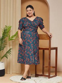 Miss Chase - A+ Curve Collection Plus Size Womens Teal Puff Sleeve Wrap Midi Dress