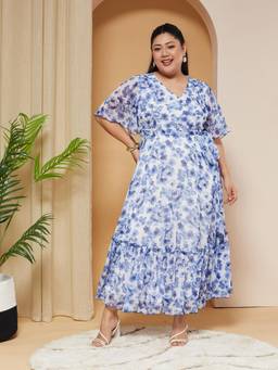 Miss Chase - A+ Curve Collection Plus Size Womens White Flutter Sleeves Wrap Maxi Dress
