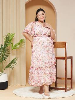 Miss Chase - A+ Curve Collection Plus Size Womens Pink Flared Sleeves Wrap Dress
