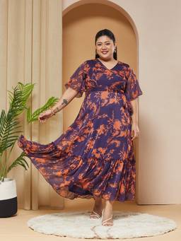Miss Chase - A+ Curve Collection Plus Size Womens Purple Flutter Sleeves Wrap Dress