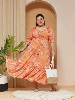 Miss Chase - A+ Curve Collection Plus Size Womens Orange Puff Sleeve Ruching Dress