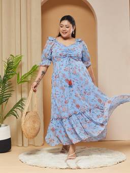 Miss Chase - A+ Curve Collection Plus Size Womens Powder Blue Puff Sleeve Ruching Dress