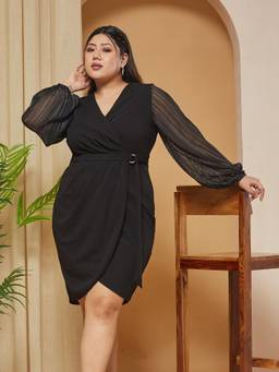 Miss Chase - A+ Curve Collection Plus Size Womens Black Bishop Sleeves Wrap Dress