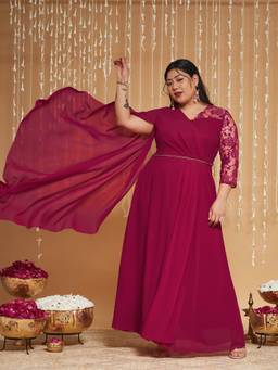 Miss Chase - A+ Curve Collection Plus Size Womens Pink Full Sleeve Maxi Dress