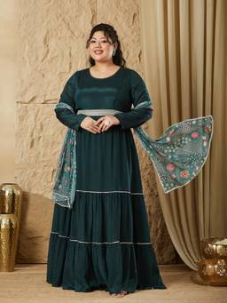 Miss Chase - A+ Curve Collection Plus Size Womens Light Green Sleeveless Dress with Dupatta