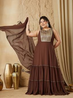 Miss Chase - A+ Curve Collection Plus Size Womens Brown Full Sleeve Ethnic Dress with Dupatta