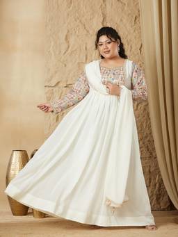 Miss Chase - A+ Curve Collection Plus Size Womens Off White Dress with Dupatta