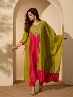 Stylum - Womens Green Sequin Work Chanderi Silk Anarkali Kurta With Pant And Dupatta