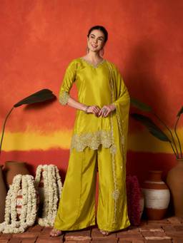 Stylum - Womens Mustard Solid And Embroidered Silk Blend Kurti With Palazzo And Dupatta