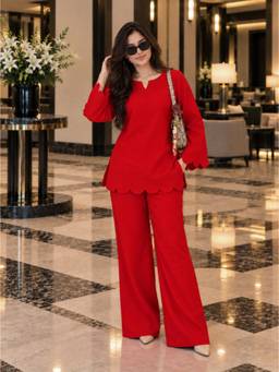 Stylum - Womens Red Solid Cotton Blend Straight Short Kurti With Palazzo