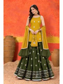 Stylum - Womens Mustard Bandhani Printed Rayon Straight Short Kurti Skirt Dupatta