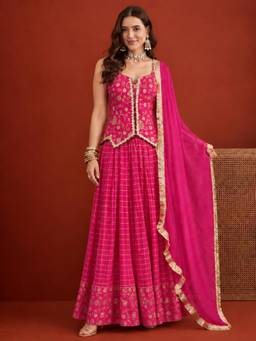 Stylum - Womens Pink Gold Printed Rayon Vest Top Skirt With Dupatta