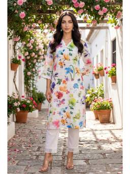 W - For Woman White Floral Printed Pure Cotton Straight Kurta