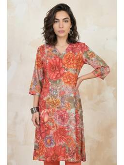 W - For Woman Orange Floral Printed Pure Cotton Straight Kurta