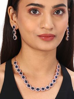 Voylla - American Diamond CZ Rose Gold Plated Brass Necklace with Blue Stone (Set of 3)