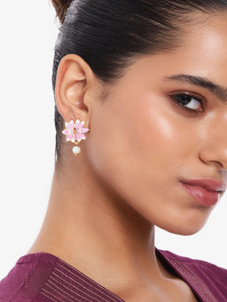 Estele - Gold Plated Lotus Pearl Drop Earrings with Pink Enamel for Women