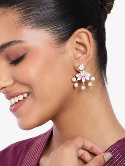 Estele - Gold Plated Lotus Dazzling Pearl Drop Earrings with Pink Enamel for Women