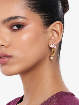 Estele - Gold Plated Pink Enamel Lotus Pearl Drop Earrings for Women