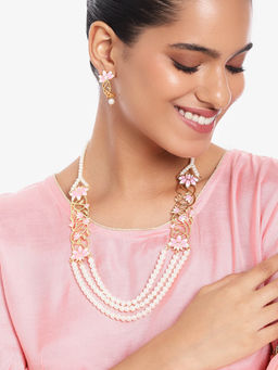 Estele - Gold Plated Lotus Three Line Pearl Necklace Set with Pink Enamel for Women