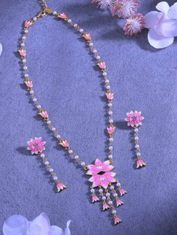 Estele - Gold Plated Enchanting Lotus Pearl Necklace Set with Pink Enamel for Women