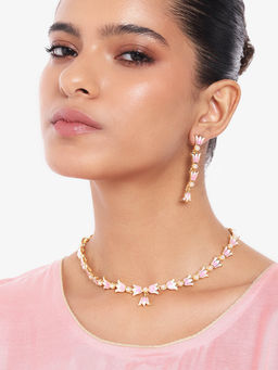 Estele - Gold Plated Vintage Lotus Pearl Studded Necklace Set with Pink Enamel for Women