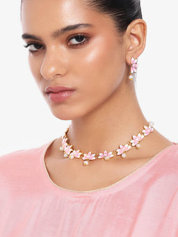Estele - Gold Plated Alluring Lotus Pearl Necklace Set with Pink Enamel for Women
