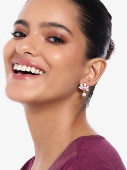 Estele - Gold Plated Lotus Elegant Pearl Drop Earrings with Pink Enamel for Women