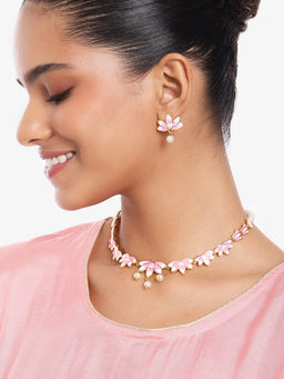 Estele - Gold Plated Fascinating Lotus Pearl Necklace Set with Pink Enamel for Women
