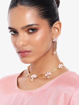 Estele - Gold Plated Gorgeous Lotus Pearl Drop Necklace Set with Pink Enamel for Women