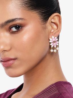 Estele - Gold Plated Alluring Lotus Pearl Drop Earrings with Pink Enamel for Women