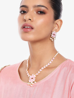 Estele - Gold Plated Attractive Lotus Pearl Necklace Set with Pink Enamel for Women