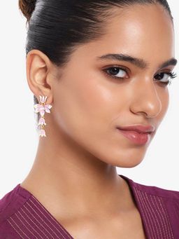 Estele - Gold Plated Pink Enamel Appealing Lotus Drop Earrings for Women