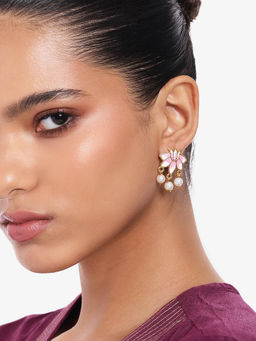 Estele - Gold Plated Lotus Pretty Pearl Drop Earrings with Pink Enamel for Women
