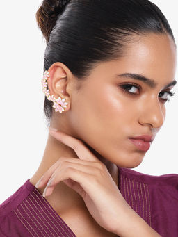 Estele - Gold Plated Pink Enamel Lotus Stylish Cuff Earrings for Women