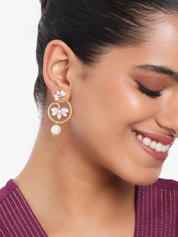 Estele - Gold Plated Pink Enamel Lotus Pearl Drop Earrings for Women