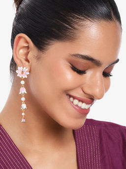 Estele - Gold Plated Pink Enamel Lotus Attractive Dangler Earrings for Women