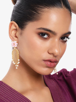 Estele - Gold Plated Lotus Splendid Drop Earrings with Pink Enamel for Women