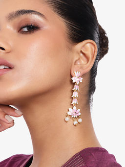Estele - Gold Plated Pink Enamel Lotus Splendid Drop & Dangler Earrings for Women
