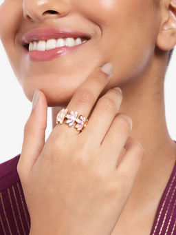 Estele - Gold Plated Pink Enamel Lotus Adjustable Finger Ring for Women