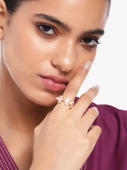 Estele - Gold Plated Pink Enamel Lotus Adjustable Finger Ring with Pearls for Women