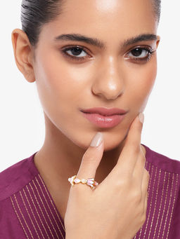 Estele - Gold Plated Pink Enamel Lotus Adjustable Finger Ring with Pearls for Women