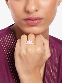 Estele - Gold Plated Pink Enamel Lotus Stylish Adjustable Finger Ring for Women