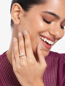 Estele - Gold Plated Pink Enamel Lotus Adjustable Finger Ring for Women