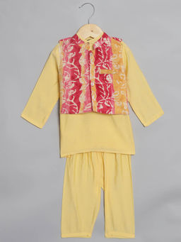 Readiprint - Yellow Printed Kurta with Nehru Jacket and Pyjama (Set of 3)